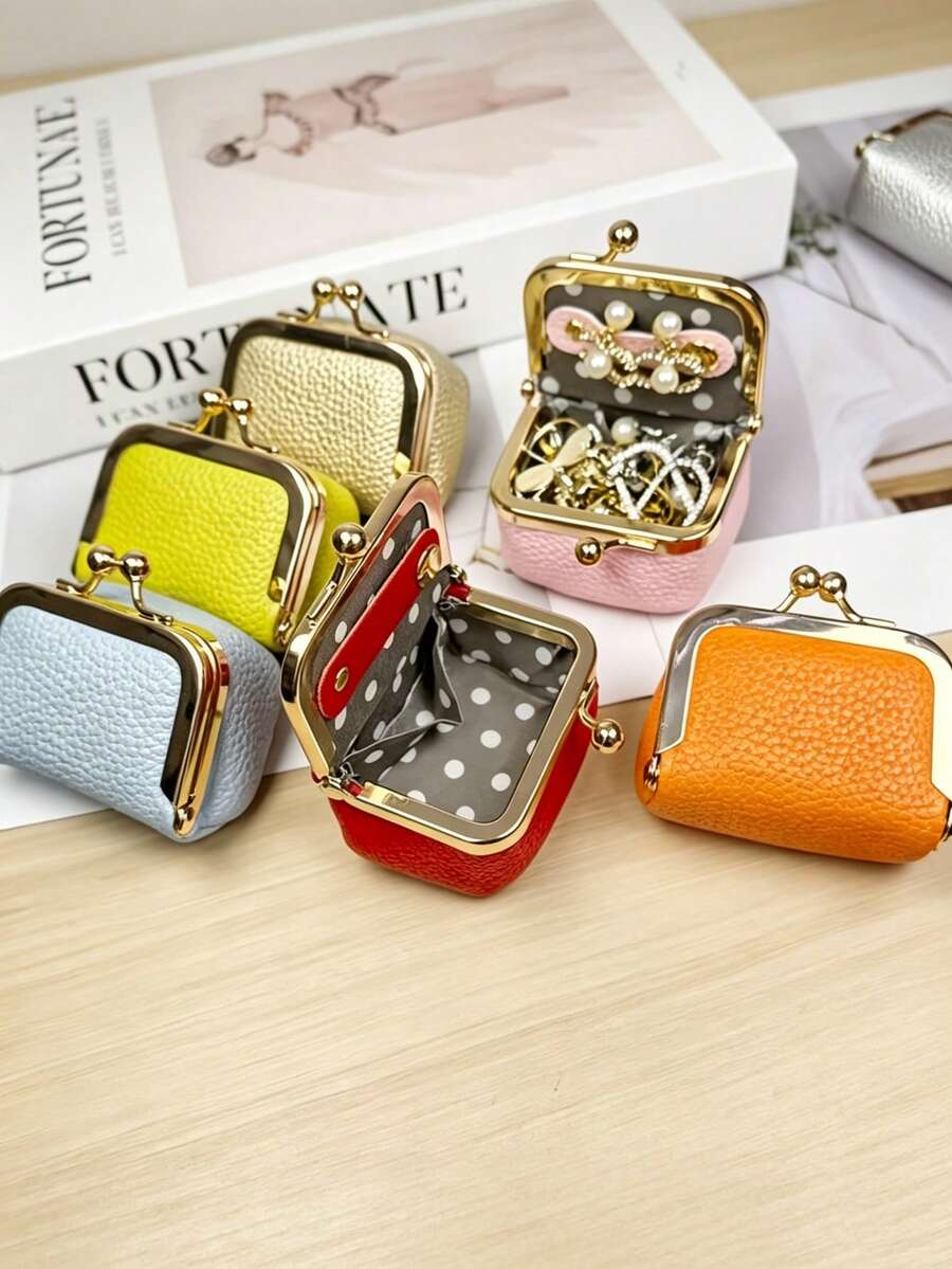 Women's Mini Button Coin Purse, PU Litchi Texture Wallet, Cute Solid Color Small Bag; Multi-Functional Storage Bag, Can Store Earphones, Jewelry And Lipstick - Multicolor - View 1