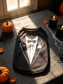 1pc Halloween Dog T-Shirt, Gentleman Tuxedo Print Pet Sleeveless Vest With Ghost Pattern, Cute Puppy Outfit, Suitable For Small And Medium Dogs, Party And Daily Wear Dog Clothes - Multicolor - View 9