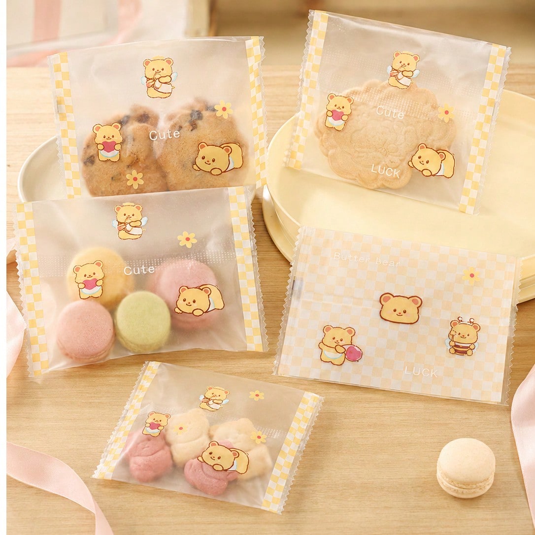 100pcs Cute Bear Pattern Frosted Self-Sealing Baking Bags, Semi-Transparent Cookie Packaging Bags, Reusable Sealable Snack Bags For Desserts, Baked Goods, Coffee Shop Display And Gift Wrapping