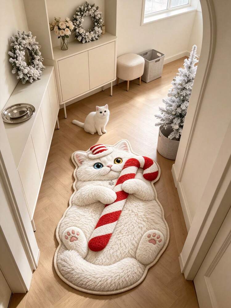 1 pieza Alfombra de piso con gato blanco y bastón de caramelo navideño, alfombra de sala de estar, alfombra de área, decoración del hogar, decoración de la habitación, alfombra lavable, regalo de Navidad - Gato blanco acostado con bastón de Navidad - Añade 3