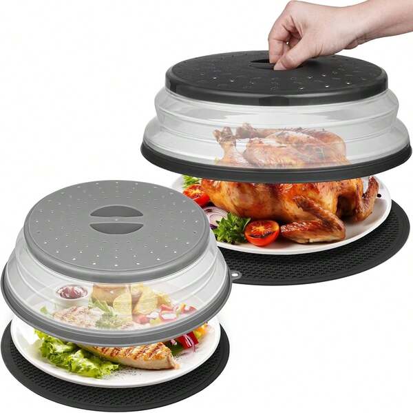 MAGJIUKE 12"&Amp;10" Microwave Food Cover And Mat,Large Vented Collapsible Splatter Guard Dish Plate Lid &Amp; Silicone Round Kitchen Mat,4