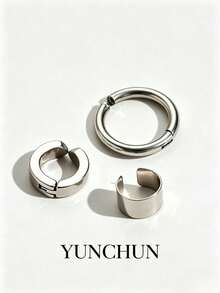 YUNCHUN 1組銀色極簡低敏不鏽鋼耳夾，免穿耳洞耳飾，適合日常通勤 - 銀色 - 查看 2