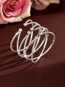 1pc Women's Open Bangle Multi-Layer Wave Adjustable Silver Bracelet, Summer Nightclub Outfit Christmas Gift Jewelry - Silver - View 4