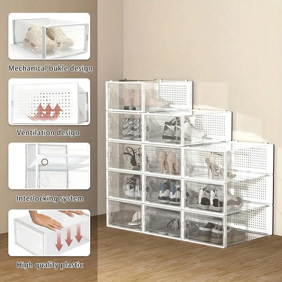 6/12/24pcs Transparent Shoe Storage Boxes, Stackable Shoe Boxes, Flip-Top Shoe Storage Containers (Adults, Women/Men), Rectangular, Organized Storage, Easy To Assemble, Dust-Proof, Foldable And Stackable, Sturdy And Durable, Space-Saving, Suitable For Entryway, Hallway, Closet, Living Room, Bedroom, Office, Dorm, Under Bed, Boot & Shoe Boxes, Summer, Graduation Season, Moving - View 1