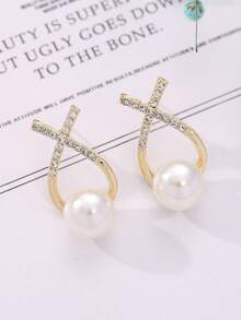 1pair Crossed Rhinestone & Faux Pearl Stud Earrings - Yellow Gold - View 2