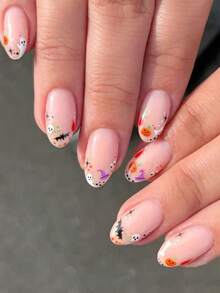 24pcs Short Round Press-On Nails, Colorful Short Ghost & Bat Pattern Halloween Nail Stickers - 彩色 - 查看 1