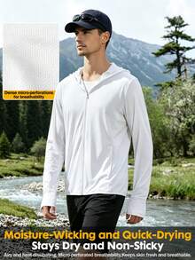 HIBATH Men's Long Sleeve Cooling UV Protection Sun Hoodie Jacket, Lightweight Full-Zip Outdoor Cover-Up With Extended Arm Coverage, Quick-Dry Breathable Moisture-Wicking Performance Top For Fishing, Hiking, Golf, Beach And Summer Travel(White) - White - View 8