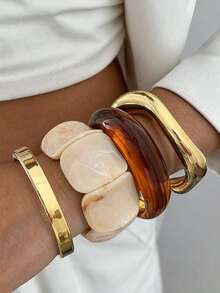 Vintage 4pcs/1pc Fashion Elegant Exaggerated Old Money Style Geometric Asymmetrical Beige Acrylic Block Patchwork Elastic Bangle Stackable Curved Wide Brown Resin Marbled CCB Wave Open Cuff Bracelet Set, Minimalist Unique Chunky Y2K Stacked Jewelry For Women, Suitable For Summer Beach Vacation, Party, Gathering, Date, Gift, Daily Wear, Versatile - Multicolor - View 4