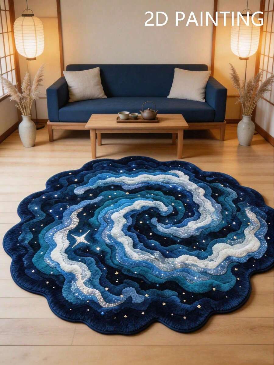 1 件不对称加厚绒毛地毯，海军蓝星空图案，适用于卧室、客厅，秋冬季装饰，可水洗，毕业礼物 - 海藍 - 查看 1