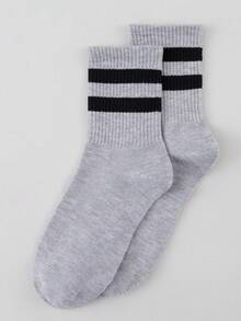 1 Pair Women's Grey Striped British Academy Style Two-Stripe Patchwork Mid-Calf Socks, Autumn/Winter, Suitable For Back To School, Halloween And Other Holidays - Multicolor - View 5
