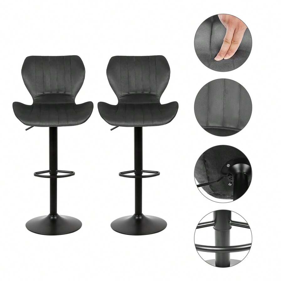 Set Of 2 Bar Stools – Striped Velvet Upholstery – Black Flared Base – Height Adjustable – With Footrest – 360° Swivel – Load Capacity: 120 Kg - Black - View 1