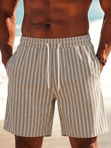 Pantalones cortos de playa casuales y versátiles con cordón en la cintura y rayas, para hombre, de verano - Gris - Ver 4