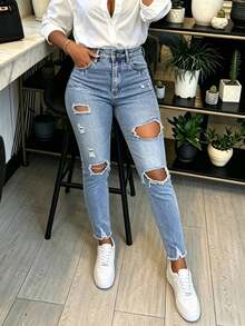 Elegant Ripped Tapered Denim Jeans For Women Light Wash, Raw Hem, And Pockets, Ideal For Fall Outfits - Light Wash - View 5
