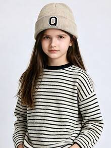 1 Pc Neutral Beige Unisex A-Z Letter Knit Beanie, Stretch Fit Custom Thermal Skull Ribbed Cuffed Cap Fit KidsTo Teenagers Daily Outdoor - Beige - View 2
