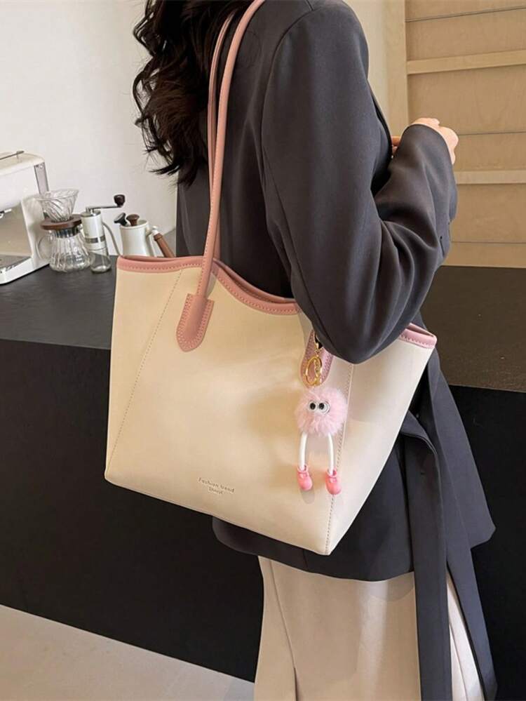 Women's Shoulder Tote Bag, Solid Color & Dual Tone, Plush Monster Doll Pendant, Zipper Closure, Large Capacity, Sweet Commute Daily Work Shopping Handbag - Pink - View 2