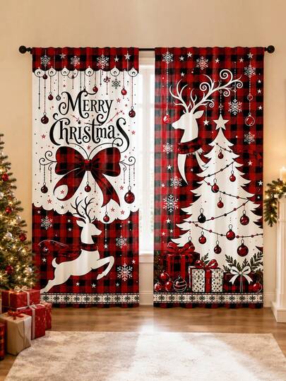 2pcs Buffalo Plaid Christmas Curtains, Rustic Lumberjack Reindeer & Vintage Christmas Tree Pattern, Red & Black Buffalo Check, Winter Farmhouse Style Curtains, Cozy Holiday Decor, Living Room Curtains
