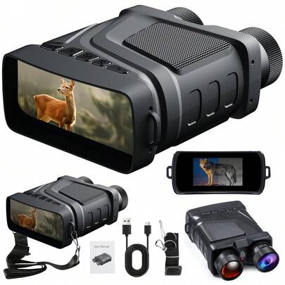 Binóculos com visão noturna 1080P. Equipados com função infravermelha digital, tela LCD de 3 polegadas, ampliação óptica de 4x, zoom de 5x, visão noturna infravermelha de 7 níveis e suporte para cartão TF de 128 GB, tornando-os ideais para aventuras ao ar livre, camping e viagens.