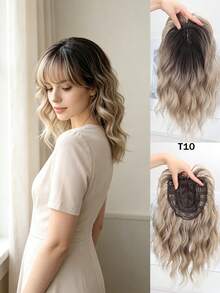 Elegant Gradient Gold With Dark Roots Synthetic Hair Topper, Water Wave Texture, Seamless Invisible Hairpiece, Easily Adds Volume, Easy Care For Daily Wear, Suitable For Thinning Hair - 彩色 - 查看 16