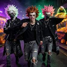 Peruca Sintética de Anime Cosplay Curta Reta Espigada e Bagunçada em Branco, Marrom e Rosa para Homens, Estilo Pontiagudo Fofo, Cabelo Completo na Cabeça, Peruca Punk para Festa de Halloween Gótica, Tema Assustador, Fantasia, Role Play de Horror e Uso Diário de Moda - Multicolorido - Visão 8