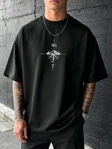 Camiseta de manga corta de cuello redondo con estampado de mapa náutico para hombres talla grande, de verano - Negro - Ver 4