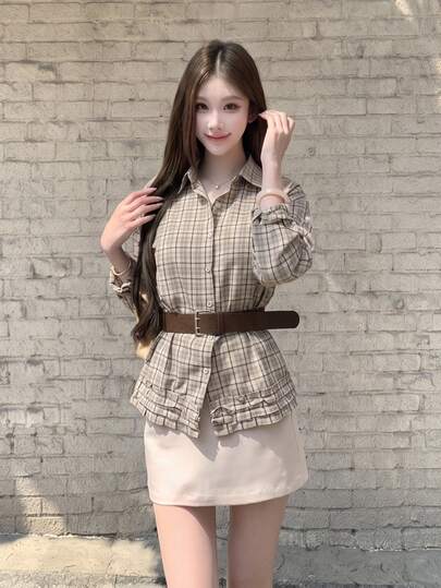 Korean Design High-End Button Frill Trim Plaid Long Sleeve Shirt For Women, Versatile Autumn Undershirt Spring