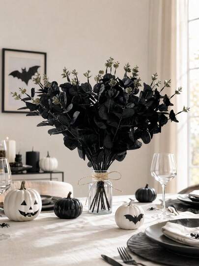 1/5pcs Black Artificial Eucalyptus Leaf Stems, High Quality Plastic DIY Tabletop Decor Home Accents, Suitable For Halloween Black Home Bathroom Bedroom Decoration, Halloween Party Decor, Perfect For Parties And Weddings