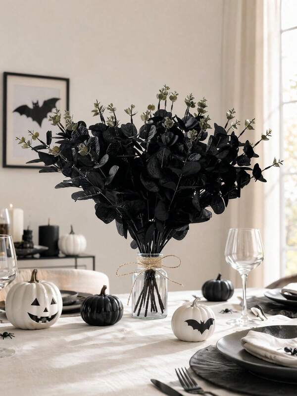 1/5pcs Black Artificial Eucalyptus Leaf Stems, High Quality Plastic DIY Tabletop Decor Home Accents, Suitable For Halloween Black Home Bathroom Bedroom Decoration, Halloween Party Decor, Perfect For Parties And Weddings