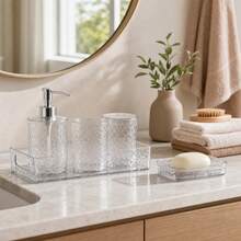 15.5x10cm Clear Acrylic Textured Bathroom Set, Modern Minimalist 5-Piece Organizer With Soap Dispenser, Cups & Tray - Clear - View 2