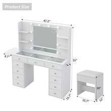 FUSOU Dressing Table With LED Mirror & Power Outlet, Makeup Vanity Desk With 11 Drawers And 4 Shelves, Fold-Up Panel Design, 3 Lighting Modes, Vanity Table With Stool For Bedroom, White - White - View 3