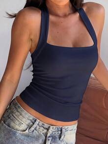 女款夏季休閒復古辣妹風純色掛脖上衣，適合街頭穿搭與通勤 - 藏蓝色 - 查看 4
