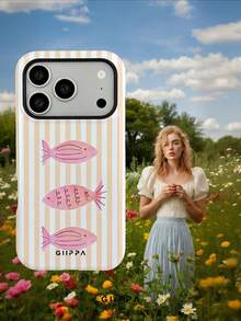 GIIPPA 1件淺橘色條紋背景配粉色魚紋設計手機殼，適用於Phone 17 Pro Max，兼容Phone 16 Pro Max、15 Pro Max、14 Pro Max，韓系高端時尚趣味手機殼，兼容11/12/13/14/15/16 Pro Max Plus，優雅設計男女皆宜，聖誕節、情人節、復活節、婚禮季與生日送女友的完美禮物！ - 橘色 - 查看 7