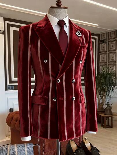 Men's Old Money Style Velvet Vertical Stripe Blazer, Double Breasted Peak Lapel Formal Party Suit Outerwear
