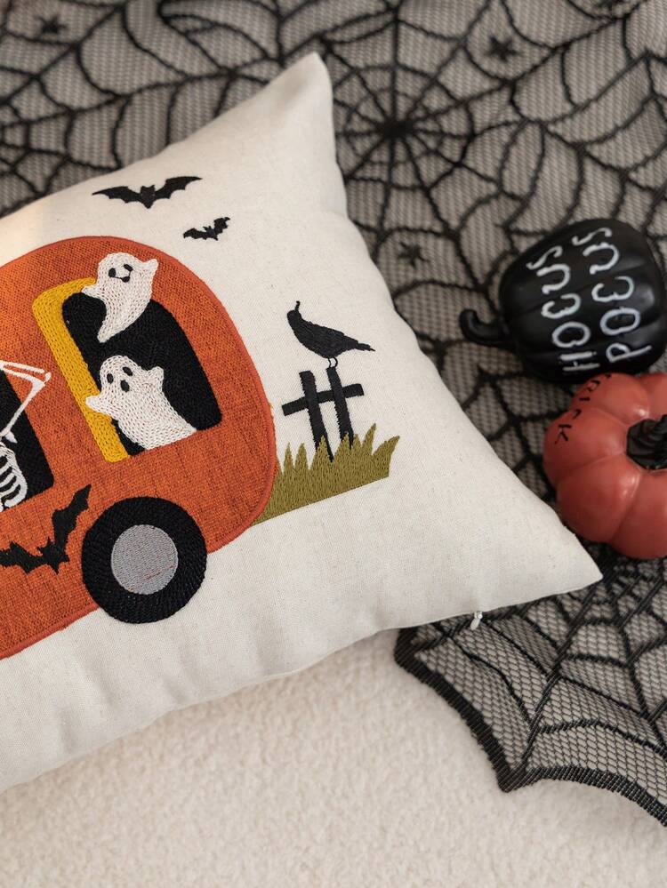 1pc Halloween Ghost & Bat Embroidered Pillowcase, Halloween Pumpkin Pillowcase, Suitable For Indoor Decor, Ghost Festival Decoration, All-Season Pillowcase, Without Insert - Orange - View 5