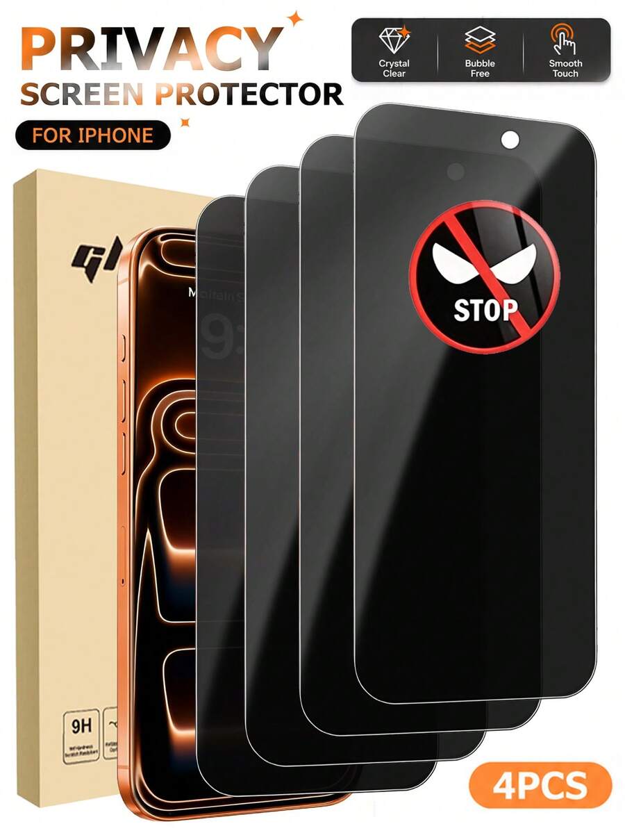 4片裝隱私鋼化玻璃螢幕保護貼,相容 iPhone 17/15/16/14/11/12/13 Pro Max,防窺鋼化玻璃,亦相容 XS Max/XR/X/15/7/8 Plus/SE/16e,生日禮物,手機配件 - 黑色 - 查看 1