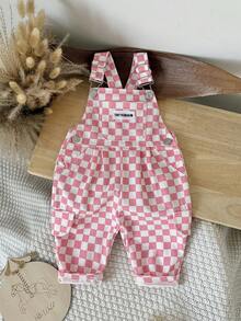Baby Girls Pink & White Checkered Overalls, Adjustable Shoulder Straps, Cargo Pockets, Loose Casual Long Pants - Pink - View 5
