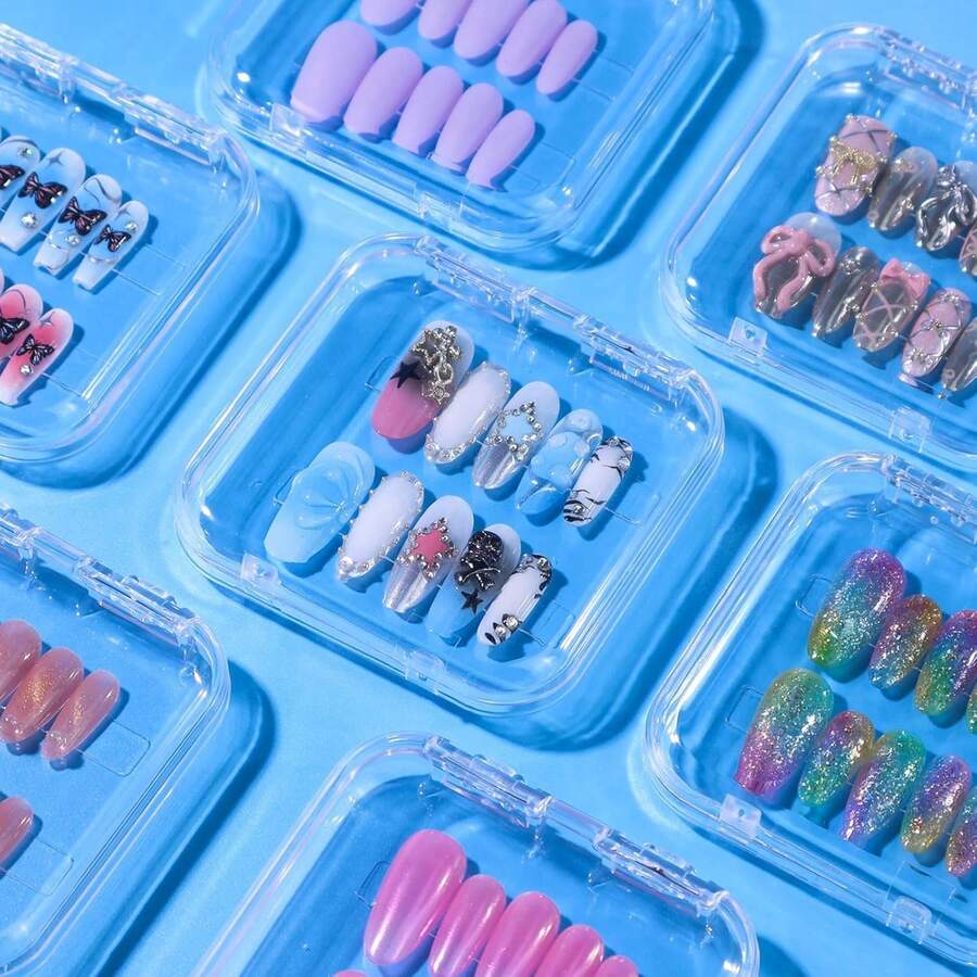2pcs Wearable Nail Storage Box Transparent Artificial Fake Nails Display & Storage Case Dustproof Portable Handmade Press-On Nails Organizer For Nail Salon & Home DIY Manicure Supplies