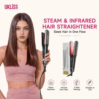 UKLISS Steam Infrared Hair Straightener | Fast Heating | Hydrating Hair Care Reduces Frizz | Straight And Inward Curl Dual Use | Suitable For Naturally Curly Thick Hair And Bangs, Daily Home And Travel Styling, Gift, Mother's Day, Valentine's Day, Back To School Season Multi-Functional Hair Care Product.