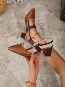 Women's Summer New Korean Style Closed Toe Pointed Toe Single Strap Roman Sandals Low Vamp Chunky Heel High Heels - Brown - View 1