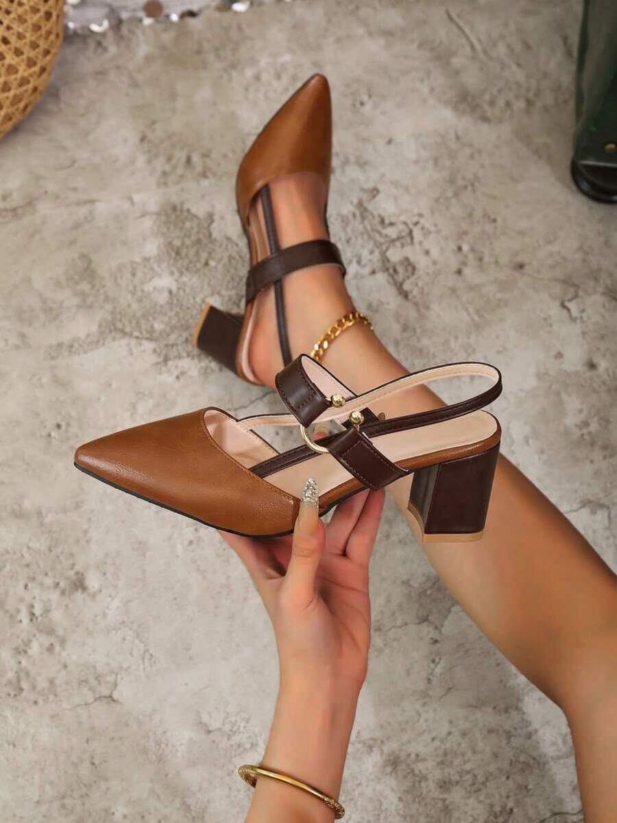 Women's Summer New Korean Style Closed Toe Pointed Toe Single Strap Roman Sandals Low Vamp Chunky Heel High Heels - Brown - View 1