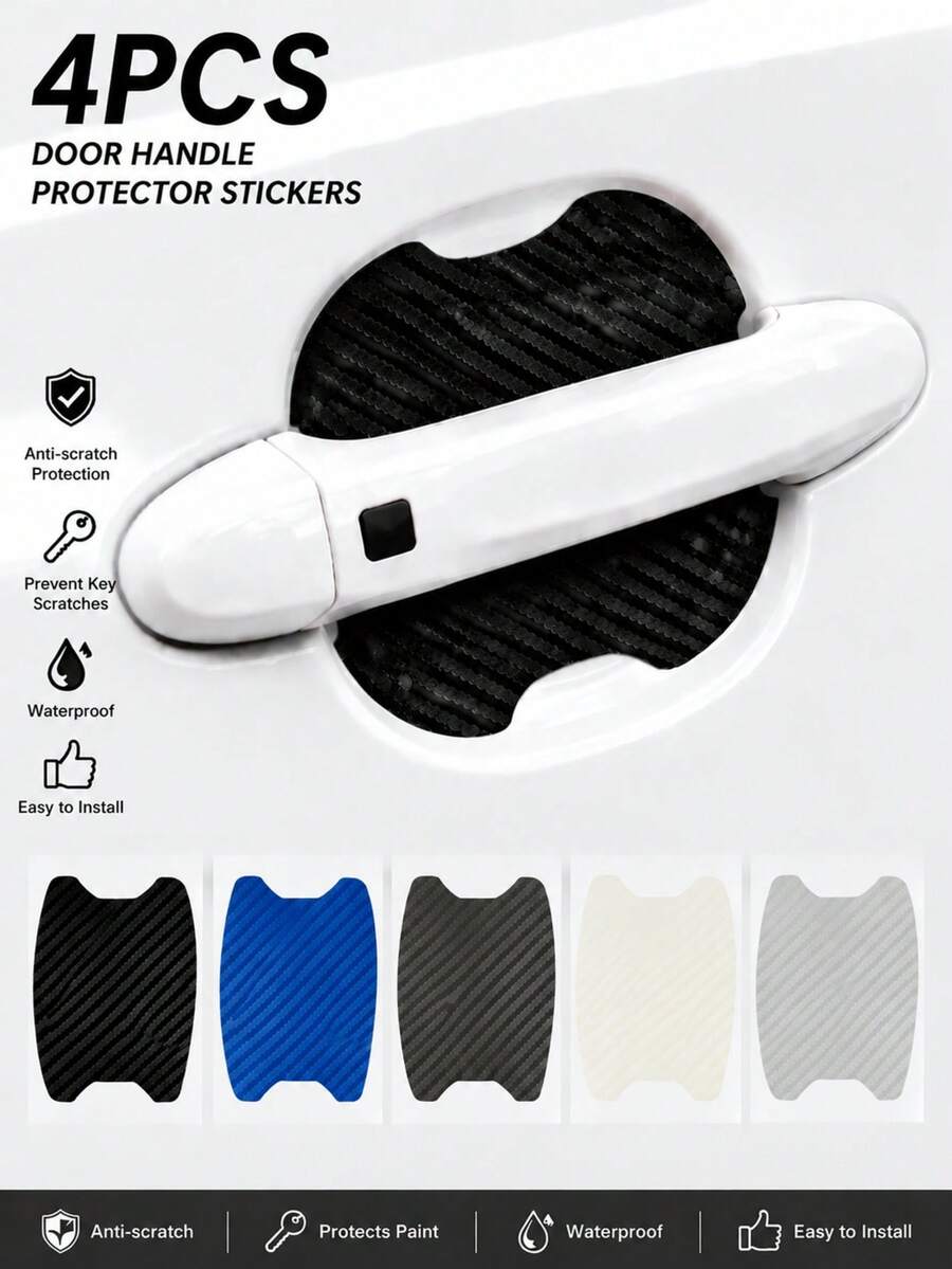 4pcs Car Door Handle Carbon Fiber Scratch-Resistant Protective Stickers, Car Door Handle Protector Covers, Specifically Designed For Door Handle Recessed Areas, Effectively Reduce Scratches Caused By Fingernails, Keys, And Dust Friction During Daily Use, Help Protect Original Car Paint, Keep Vehicle Clean And Like New - Multicolor - View 1
