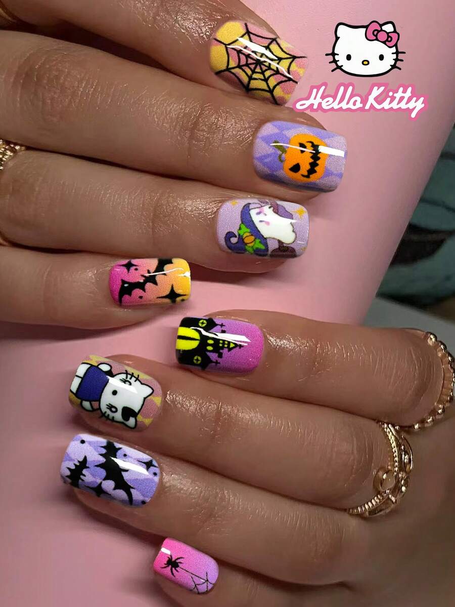 Sanrio Hello Kitty 萬聖節 24片短方型法式穿戴甲，附可愛 3D Hello Kitty、蜘蛛與南瓜頭圖案，完美貼合的壓克力假指甲套組，含 1 個果凍膠與 1 個指甲锉，適合女孩與女性日常使用 - 彩色 - 查看 1