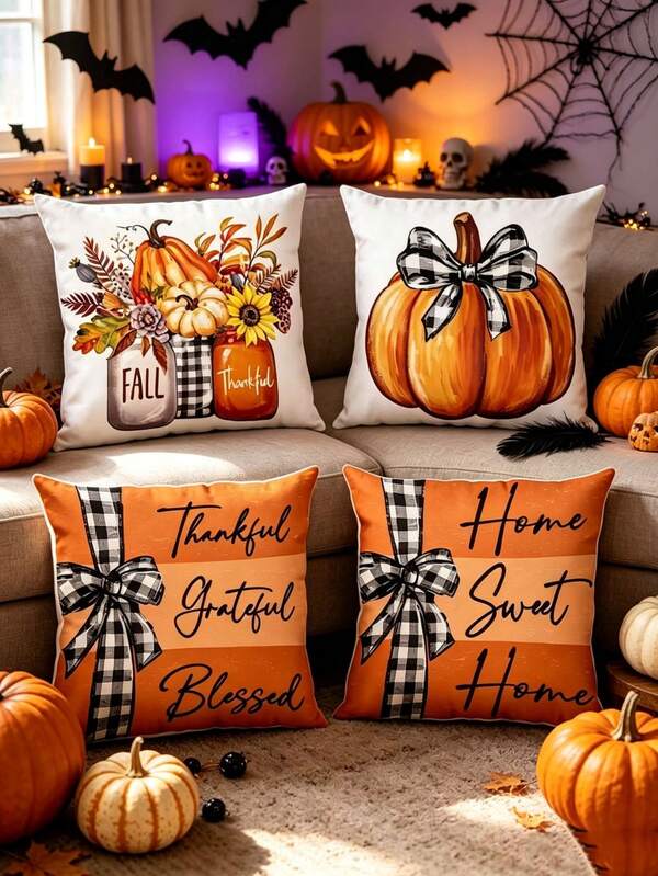 1/4pcs Autumn Pillow Covers (17.72 X 17.72 Inches) - Pumpkin & Maple Leaf Pattern; Thanksgiving Cushion Covers, Suitable For Sofa, Bedroom, Living Room, Car And Birthday Party Decoration (Pillow Insert Not Included)