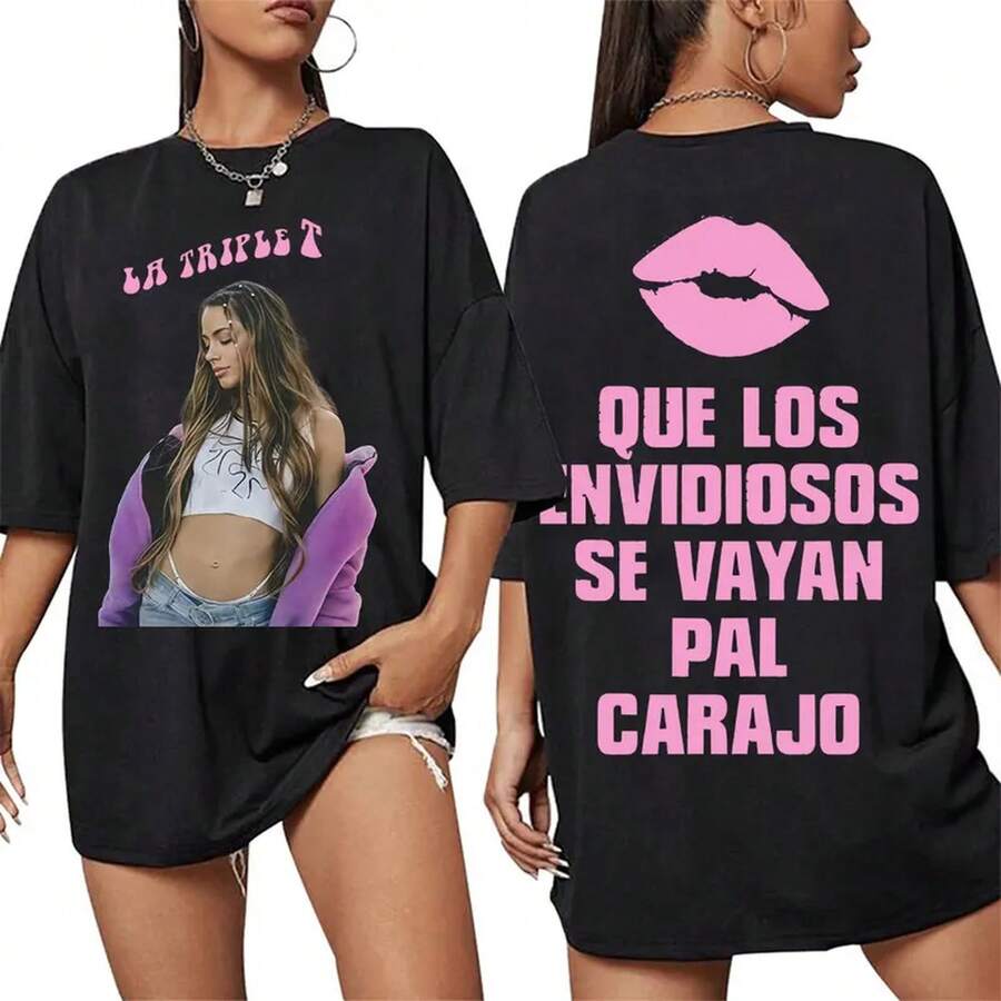 Magliette stampate su entrambi i lati con la cantante Tini Stoessel per uomo e donna, stile Harajuku, estetica casual, comoda, girocollo, streetwear - Bianco - Visualizzare 1