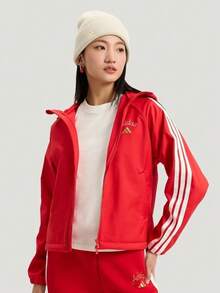 Adidas Women's Embroidered Striped Colorblock Zipper Fashion Sports Hoodie Jacket - Red - View 4