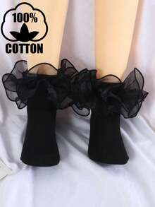 Kaus Kaki Kru Ruffle Trim Balita Perempuan - Hitam - View 12