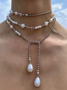 1pc Bohemian Multi-Layer Choker Necklace For Women Silver Color Chain Teardrop Faux Pearl Pendant Layered Necklace Y2K Jewelry - Necklace - View 7