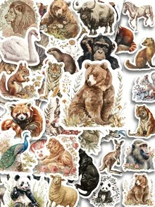 50 Peças Adesivos de Decoração Vintage de Animais para Volta às Aulas, Ilustrações Feitas à Mão de Panda, Tigre, Leão, Panda Vermelho e Girafa, para Diário, Garrafa de Água, Bagagem, Decoração DIY de Festa de Zoológico Vintage - Multicolorido - Visão 4