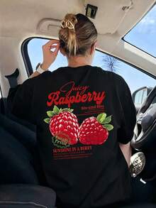Camiseta de manga corta para mujer, estampado de frambuesas, diseño fresco de verano, elemento cultural de frutas de verano, frambuesa. - estilo2 - Ver 1