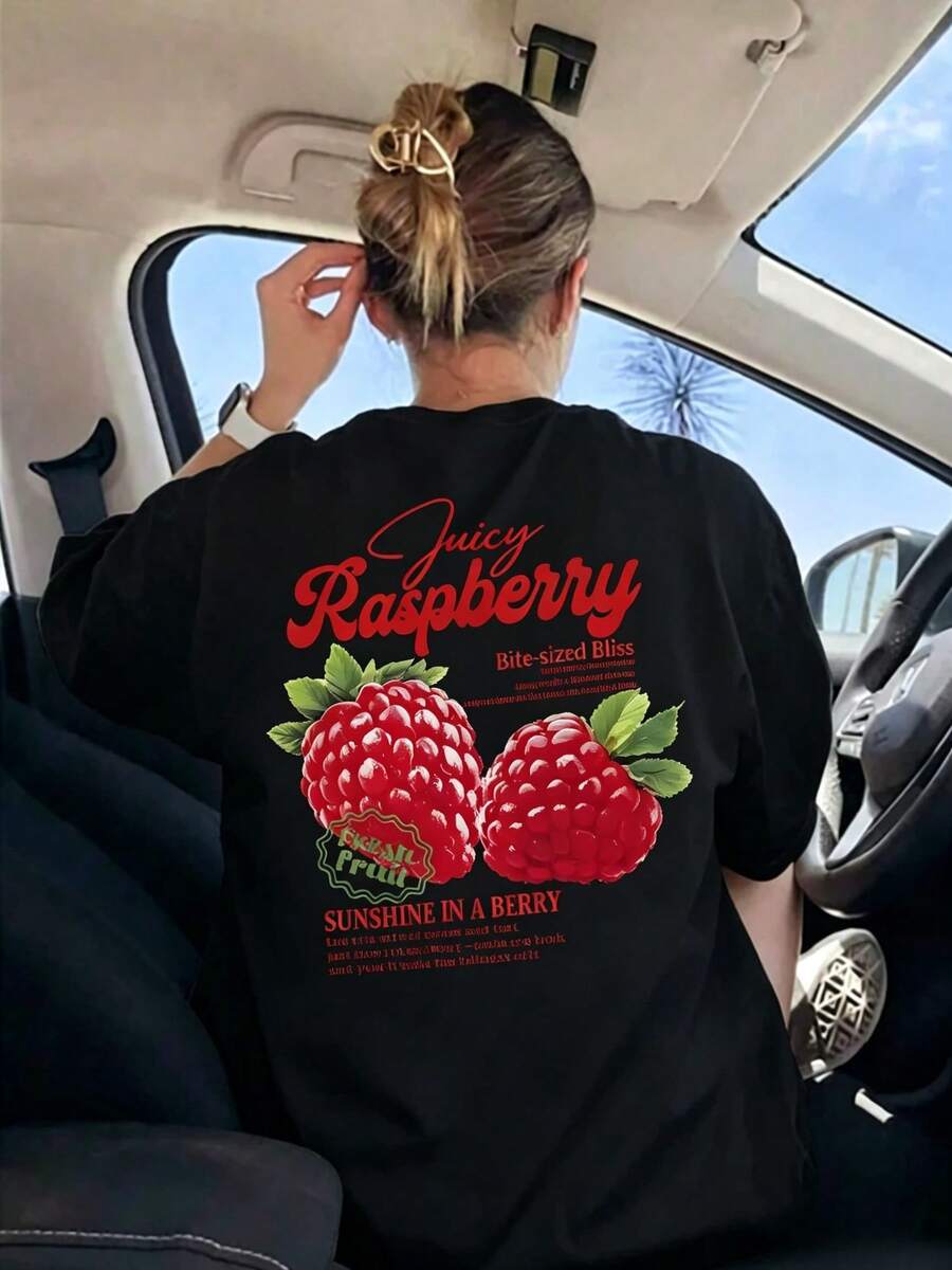 Camiseta de manga corta para mujer, estampado de frambuesas, diseño fresco de verano, elemento cultural de frutas de verano, frambuesa. - estilo2 - Ver 1