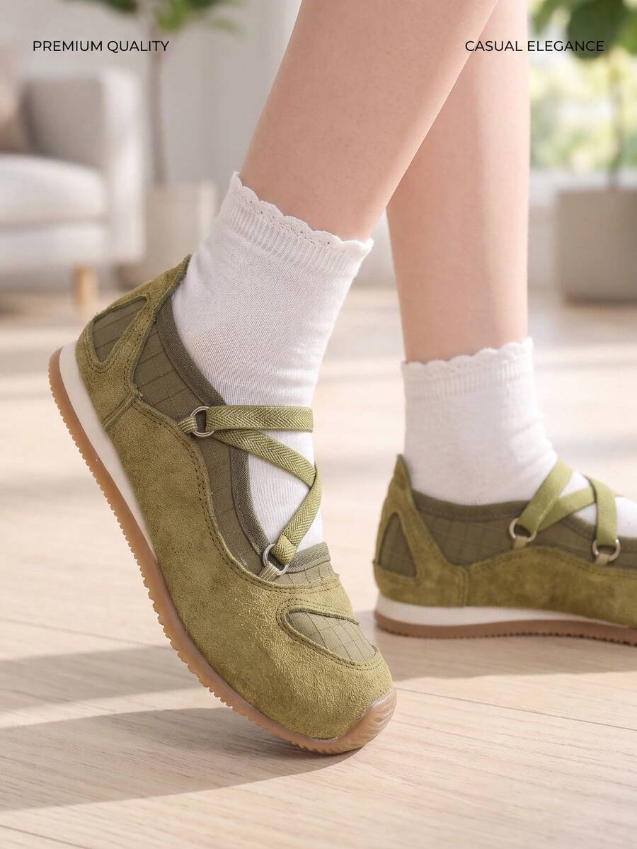 1 Pair Sweet Girls' Colorblock Mary Jane Shoes, Soft Sole Ballet Style, Plaid Patchwork + Cross Strap Design, Suitable For Daily Wear, School Commute, Outdoor Walks, Holiday Travel - Green - View 1